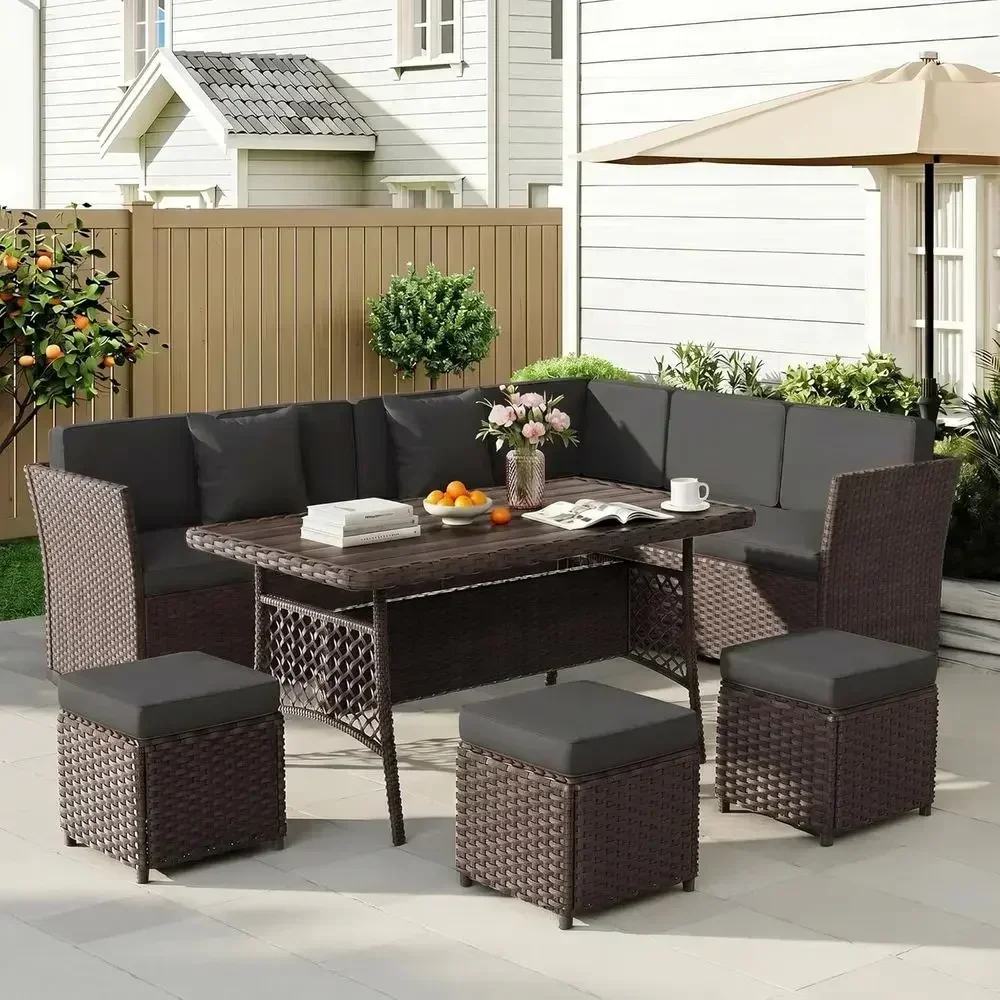 Outdoor Furniture Metal Chairs - 회색-갈색으로 마감된 7개의 야외용 라탄 파티오